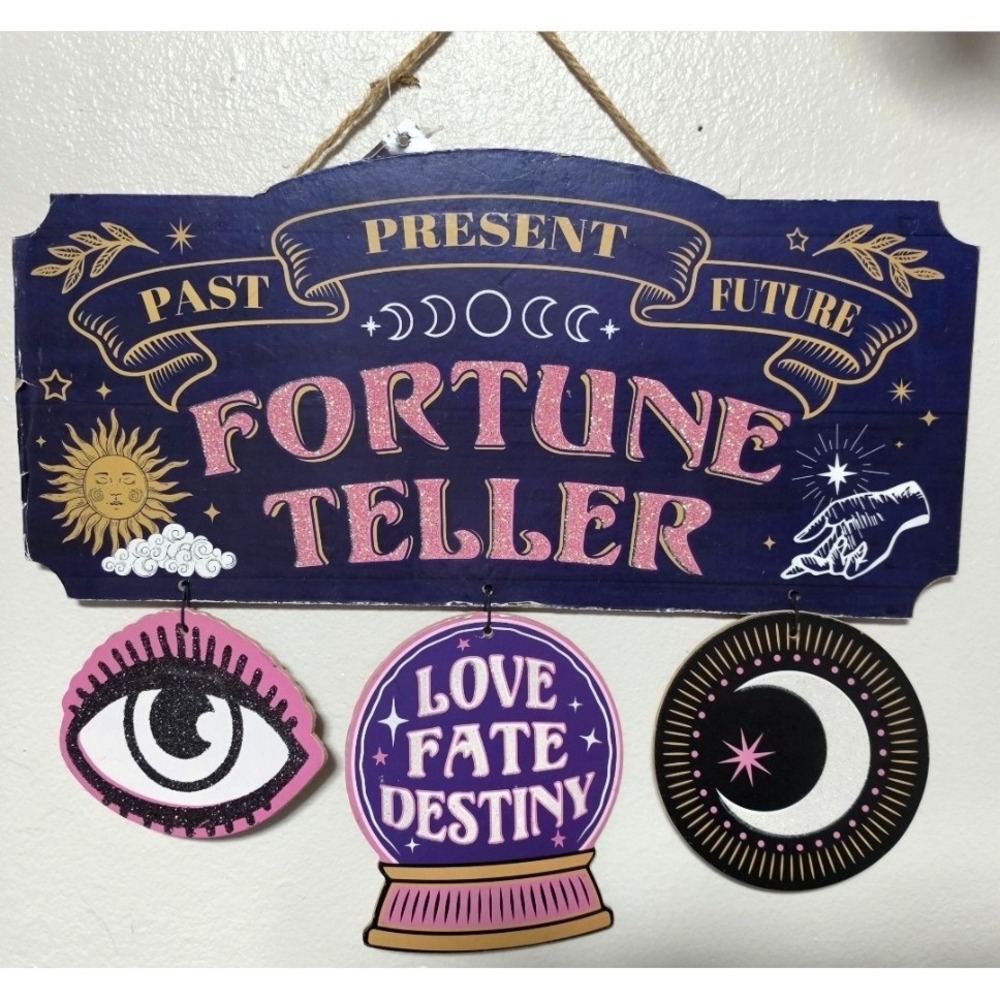 Fortune Teller Wooden Hanging Wall Sign Celestial Decor 16x7 Blue Pink Glitter
